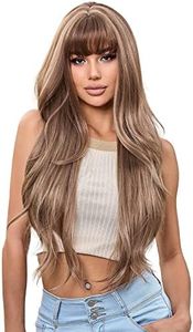 KEOYA Long Curly Blonde Wig for Women Synthetic Curly Hair Wig with Bangs Middle Parting Natural Looking Wavy Wigs Heat Resistant Fiber Wig for Daily Cosplay Party