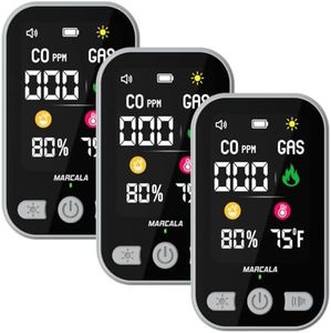 Marcala 3-Pack Travel Carbon Monoxide Detector | 2026 V2.0 4-in-1 Natural Gas & Carbon Monoxide Detectors Portable | Wall Plug-in with Backup Battery for Power Outages | Temp, Humidity, Gas & CO Alarm