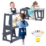 Kitchen Toddlers Tower Helper, Toddler Learning Standing Tower with Whiteboard 2 in 1 Convertible Table and Chair, Removable Safety Rail, Widened Platforms for Kitchen Counter Bathroom Sink