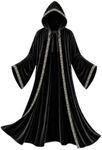 JPXH Adult Hooded Wizard Robe Costume, Velvet Cloak with Gold Trim