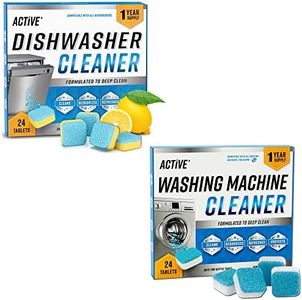 ACTIVE Washing Machine And Dishwasher Cleaning Tablets Bundle - Includes 12 Month Supply Dishwasher Cleaner Deodorizer & Washing Machine Descaler Deep Cleaning Tablets - 48 Tablet Set