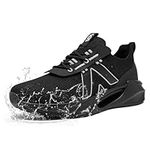 FLOWING PLUME Waterproof Trainers Men Lightweight Running Rain Shoes Slip on Walking Gym Outdoor Sport Cushioning Athletic Sneaker(Black Grey,8 UK)