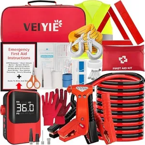 VEIYIE Roadside emergency car kit for vehicles, car first aid kit emergency kit with Portable Air Compressor, Heavy Duty Jumper Cables, Tow Strap, road trip Essentials car safety kit, new driver gifts