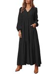 ZANZEA Women Dresses Long Sleeve Maxi Dresses Casual Cotton Linen Dress Fall Spring Vintage Retro Solid Colour Long Dress with Pockets Black L