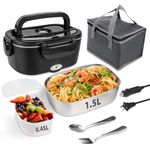 SOHIDA Electric Lunch Box, 12V/24V/110V Portable Food Warmer with SS Fork & Spoon for Car/Truck/Office, 80W Self Heating Lunch Box with 1.5L Container & 0.45L PP Fruit Box Matte Black