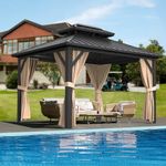 GarveeLife Hardtop Gazebo 10'x12' - All Weather, Double Metal Roof, Aluminum Alloy Frame, Net, and Curtain, Permanent Building of Backyard for Patio, Backyard, Lawn, and Garden, Khaki