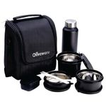 SOPL-OLIVEWARE Teso Lunch Box with Plastic Cutlery, 3 Microwave Safe Inside Steel Containers with BPA free Lids (290ml, 450ml & 600ml), Plastic Pickle Box (130ml), Steel Water Bottle (750ml) - Black