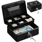 H&S Cash Box with Key - 6 inch Money Box with Lock - Small Lockable Cash Box with Coin Tray for Petty Cash Coins Bills - Locking Metal Safe Box with 2 Keys - Black
