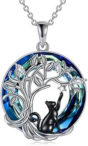 VONALA - Collar de plata de ley 925 con colgante de un gato negro sentado sobre la luna, ideal como regalo de cumpleaños para jóvenes y adolescentes, Plata esterlina, Cristal