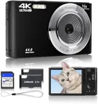 Black Digital Camera 2025 Upgrade 4K 44MP Digital Cameras for Teens, Digital Point and Shoot Camera for Kids with 16X Zoom, 64GB SD Card, Compact Small Camera for Boys Girls Teens Kids Gift