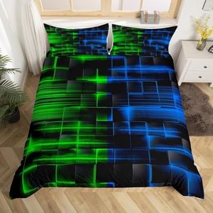 Feelyou Green Blue Duvet Cover King Size Boys Girls Geometric Strip Lines Bedding Set for Kids Comforter Cover Set Abstract Modern Bedspread Cover Room Decor Bedclothes Zipper
