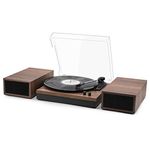 LP&No.1 Wireless Vinyl Record Player with External Speakers, 3-Speed Belt-Drive Turntable for Vinyl Albums with Auto Off and Wireless Input, Walnut Wood