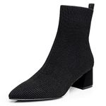 Trary Women's Pointed Toe Ankle Boots Knit Sock Booties Chunky Heeled Slip On Ankle Boot Fall Womens Boots, Black, 8