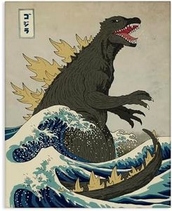Stupell Industries Godzilla in the Waves Eastern Poster Style Illustration Canvas Wall Art Design By Artist Michael Buxton, 16 x 20, Gallery Wrapped Canvas