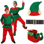 Adults Unisex Elf Costume - Adults Unisex Cheeky Elf Christmas Fancy Dress- Green Top + Red Trousers + Belt + Elf Hat With Ears + Deluxe Pom Pom Elf Shoes (Large | 18-20)