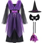 YADODO Witch Costume Kids Girls 3-4 4-5 with Broom Witch Hat Halloween Witches Costume Kids Girls Witch Outfits kids Purple Wizard Witch Fancy Dress for GirlsToddler Kids Halloween Dress Up