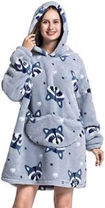 Wearable Blanket Hoodie Oversized Hooded Blanket for Adult Women Super Soft Comfortable Warm Flannel Grey Raccoon