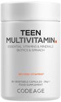 Codeage Teen Multivitamin Supplement - Vitamins A, C, D3, B6, B12, Folate, Zinc, Magnesium, Iron, 25B CFU Biotic Blend, Spinach - Multivitamins for Teenage Boys & Girls Age 13+, Non-GMO - 30 Capsules