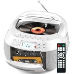 Greadio Portable CD Player with Speakers, Boombox Cassette Player with Bluetooth, FM Radio, USB/AUX Playback, LCD Display, Remote Control, Tape Recording, Battery or Mains Powered, Headphone Jack