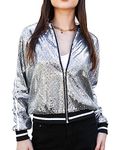 Anna-Kaci Womens Long Sleeve Front Zip Track Stripe Sequin Bomber Jacket, Gray, Large