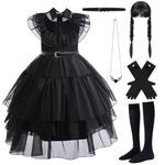 Gothic Black Dress Costume Set - 6 Pcs Girls Halloween Costume Kit, Princess Costume with Wig, Gloves, Socks, Belt, Skirt, Necklace, Kids Girl Halloween Carnival Cosplay Party Outfit-150 ﻿