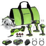 Greenworks 24V Cordless Brushless 5PCs Combo, Drill/Driver +Impact Driver +6.5" Circular Saw +Oscillating Tool +200LM Flashlight, 2.0Ah + 4.0Ah Batteries (24,000mAh Power Bank) and 65W USB-C Charger