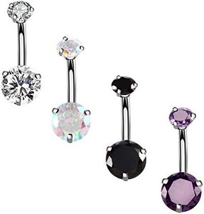 YHMM 14G Surgical Steel Belly Button Rings Round Cubic Zirconia Navel Barbell Stud Body Piercing 2-6 Pcs (4 Pcs Colorful+Clear+Black+Purple)