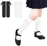 Girls Socks, 2 Pairs Girls Knee High Socks with Bows Cotton School Uniform Socks for Girls 4-7 Years