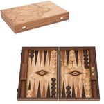 Uber Olive Burl Backgammon Set - Luxury Olive Burl Backgammon Boards with beautiful natural wooden pattern, each set is unique! 47.5 x 60 x 3.75cm when open. Includes 30 olive wood counters, 4 standard dice, and a back gammon doubling die.