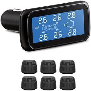 B-Qtech Tire Pressure Monitoring System (0~199PSI) 6 External Sensors, CLA Charger RV TPMS 5 Alarm Modes for Trailer Tow Motorhome Travel Car, Tire Pressure Temperature Real Time Monitor