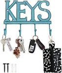 Comfify Key Holder for Wall - Cast Iron Decorative Farmhouse Rustic Wall Mount Key Organizer - 4 Key Hooks - Vintage Key Rack for Entryway with Screws and Anchors – 6x8” - Rustic Blue