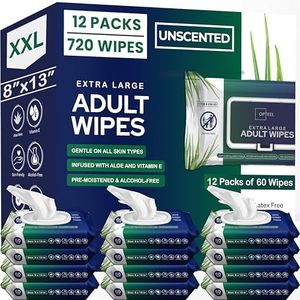 Adult Wipes For Elderly - 8"x13" 720ct (12 Packs of 60) Huge & Soft Non-Flushable Body Wipes for Adults Bathing No-Rinse - Incontinence Disposable Washcloths, Vitamin E & Aloe Infused Shower Wipes.