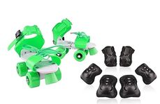 AUTHFORT Roller Skating Knee Elbow Palm Protective Pads & Adjustable Roller Skating Shoes Front Brakes Kids Skates Combo Quad Roller Skates - Size 4-8 UK (Green)