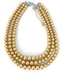 Womens Faux Pearl 3 Layer Multi Strand Gatsby Necklace Statement Bib Bead (Champagne Gold)