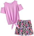 Arshiner Girls Short Sets Purple Short Sleeve Twist Front Crewneck Tops and Shorts with Pockets Casual Summer Clothing Sets