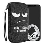 kwmobile Felt Phone Pouch Size XL - 6.7/6.8" - Zippered Universal Bag with Zipper and Embroidered Design - Don't Touch My Phone White/Dark Grey