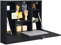 Tangkula Wall Mounted Desk, Pneumatic Floating Desk Wall Mount Laptop Desk with Magnetic Foldable Tabletop, Space Saving Wall Mounted Table Wall Desk with Storage Drawer and Shelves (Black)