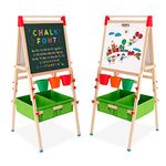 Wood Easel with Paper Roll, Double-Sided Drawing Board for Kids, Standing Art Easel with Whiteboard & Blackboard, Hight Adjustable