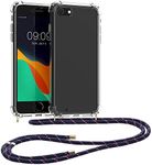 kwmobile Crossbody Case Compatible with Apple iPhone SE (2022) / iPhone SE (2020) / iPhone 8 / iPhone 7 Case - Clear TPU Phone Cover w/Lanyard Cord Strap - Dark Blue/Transparent/Red