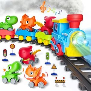 Train Set for Toddlers w/Steam, Music & Lights - Electric Train Toys for Kids w/Tracks Accessories, Including 3 Dinosaur Car and 3 Trailer, Christmas Birthday Gifts for 3 4 5 6+ Years Old Boys Girls.