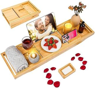 Foldable Bathtub Caddy Tray, Bamboo Bath Tub Tray Table for Tub with Wine Glass Holder Book Phone Tablet Holder with Extending Sides, Adjustable Bathroom Bathtub Free Soap Holder Gift Idea (Beige)