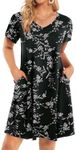 HOTOUCH V Neck Dresses for Women Summer Spring Mini Casual Dresses Tee Shirt Sundresses 2025 Knee Length Boho Floral Dress Black Print L