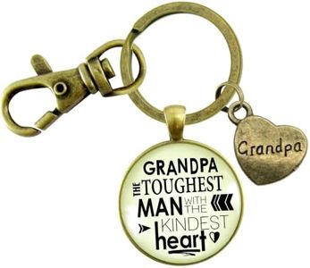 Grandpa Keychain Toughest Man Kindest Heart Rustic Key Fob Jewelry for Him - Handmade Boho Style Bronze Love My Grandfather Pendant, Heart Charm, Meaningful Gift from Grandchild, Message Card & Box