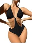 OYOANGLE Women's Chain Linked Cut Out Halter One Piece Swimsuit Tummy Control Bathing Suit Black M