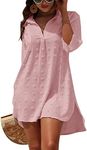 Blooming Jelly Womens Bathing Suit Coverups White Swiss Dot Beach Swim Cover Up Shirt Dress(Large, Pink)