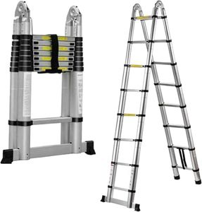 Extension Ladder Telescoping Stainless Steel Straight A-Frame Ladder Home Roof Outdoor Compact Telescopic Lightweight Safety Lock Easy to Store for Roofing Business Household RV Use (5m-A Frame)