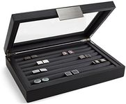 Glenor Co Cufflink Box for Men - Holds 70 Cufflinks - Luxury Display Jewelry Case -Carbon Fiber Design - Metal Buckle Holder, Large Glass Top - Black