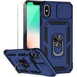 for iPhone X / iPhone Xs Case with Camera Lens Cover HD Screen Protector, Military Grade Drop Protection Magnetic Ring Holder Kickstand Protective Phone Case for iPhone X / Xs 5.8 inch (Navy Blue)