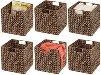 mDesign Natural Woven Hyacinth Cube Organizer Basket with Handles, Storage for Bathroom, Laundry Room Shelf or Nursery - Perfect for Cubby Storage Units - Hold Blankets and Books - 6 Pack, Brown Wash