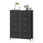 Dresser for Bedroom | Black Dresser with 10 Drawers, Chest of Drawers with Gold Knobs, Tall Dresser for Kids, Baby, Living Room (Black & Gold)